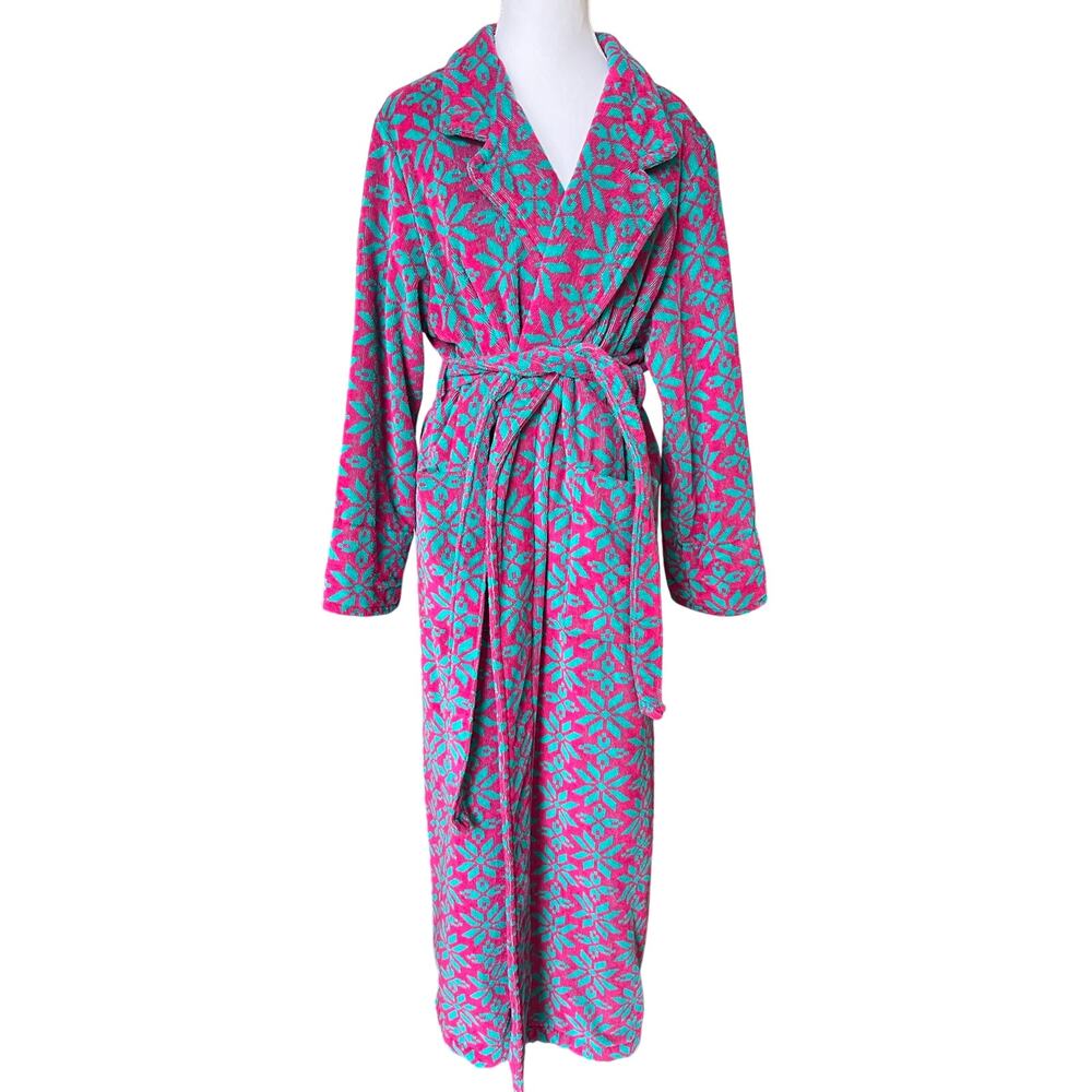 VTG 90s Night Gear Pink Turquoise Colorful Terry Cloth Robe 100% Cotton Small